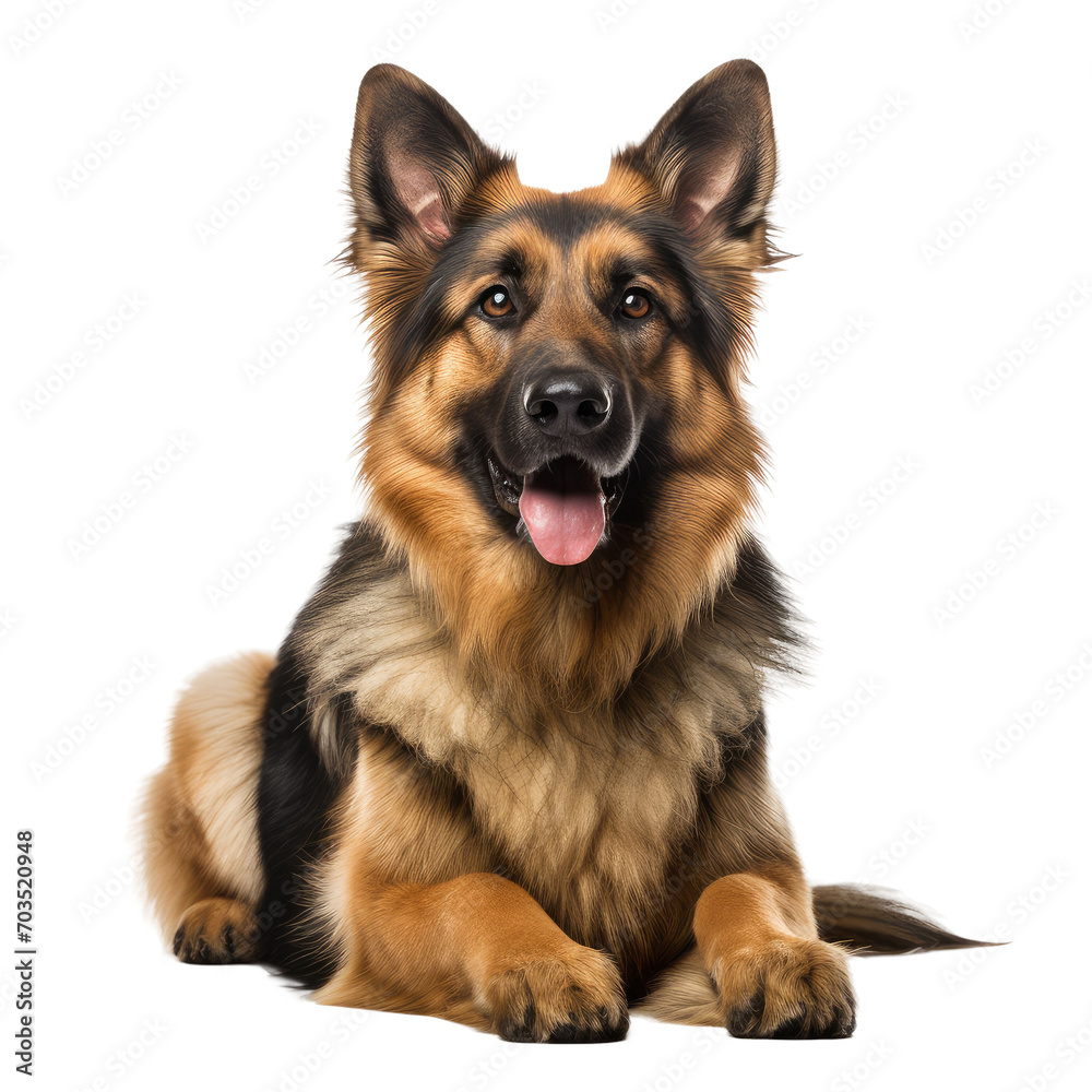 A cute german shepherd with brown and black fur sitting, isolated on white transparent background