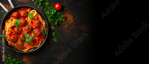 Spaghetti Pasta with Meatballs and Tomato Sauce Garnished with Fresh Herbs on a Dark Background