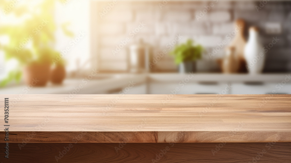 Empty wooden table in front of blurred kitchen interior. Empty wooden table in front of blurred kitchen interior.