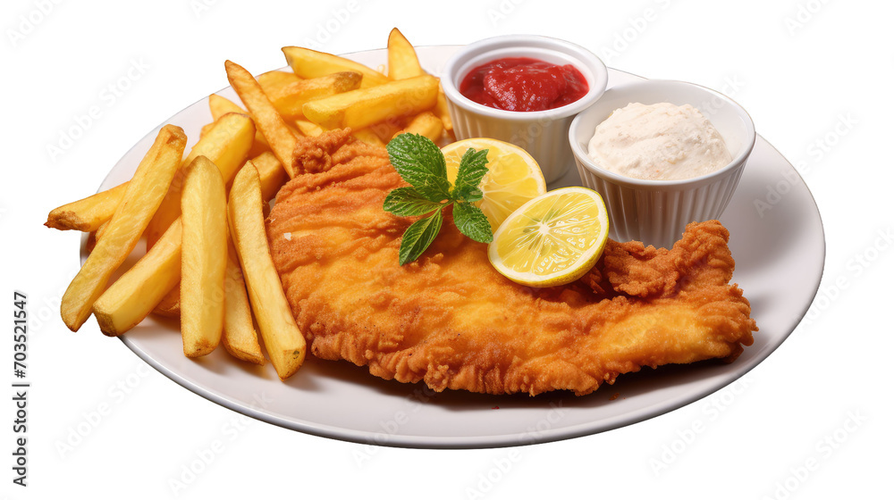 A German schnitzel with fries, lemon and ketchup, isolated on a transparent background 