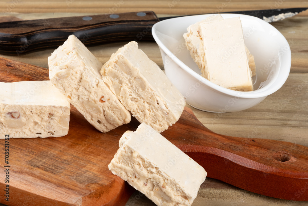 Typical nougat square. Selective focus. Typical nougat square. Selective focus.
