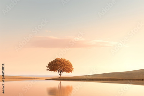Minimalistic peaceful landscape with lonely tree. Nature background with tree silhouette and reflections in water. Calm and tranquility mood