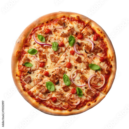 A round Italian pizza photographed from above, isolatedd a transparent background