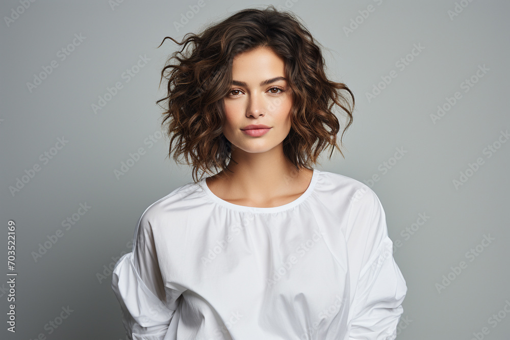 Fototapeta premium A beautiful woman with wavy hair looking at the camera on a pastel background. Generative AI.