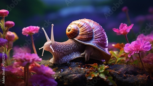 A deep purple snail with iridescent highlights, exploring the delicate petals of a blooming flower -Generative Ai