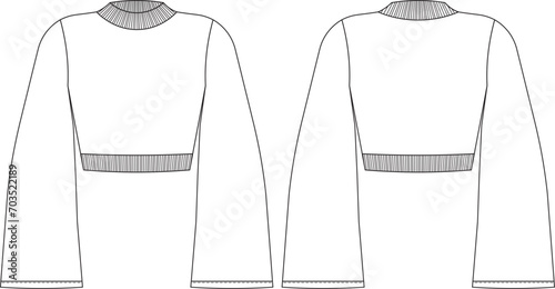 kimono bell long sleeve ribbed round high neck  sweater template technical drawing flat sketch cad mockup fashion woman design style model