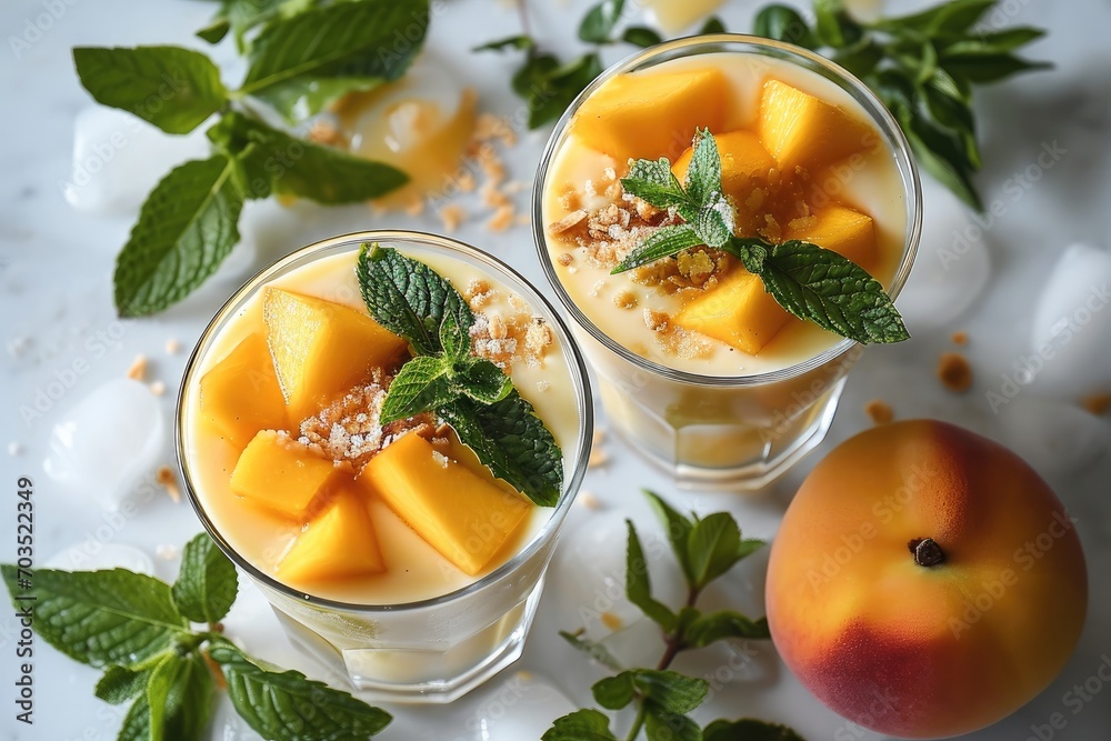 Mango and Honey Peach Milkshake on white background, Top view. Generative AI.