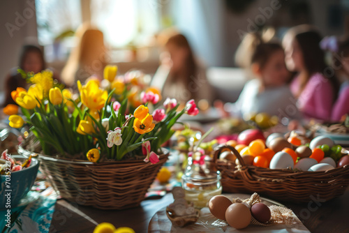 Family having festive dinner together. Table setting with traditional food and spring flowers for Easter celebration photo