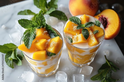 Mango and Honey Peach Milkshake on white background, Top view. Generative AI. photo
