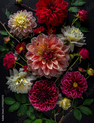 Still life, collection of dahlia flowers on a black background.