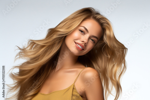 Portrait of a young woman with beautiful wavy windy blonde hair on light background. Generative AI.
