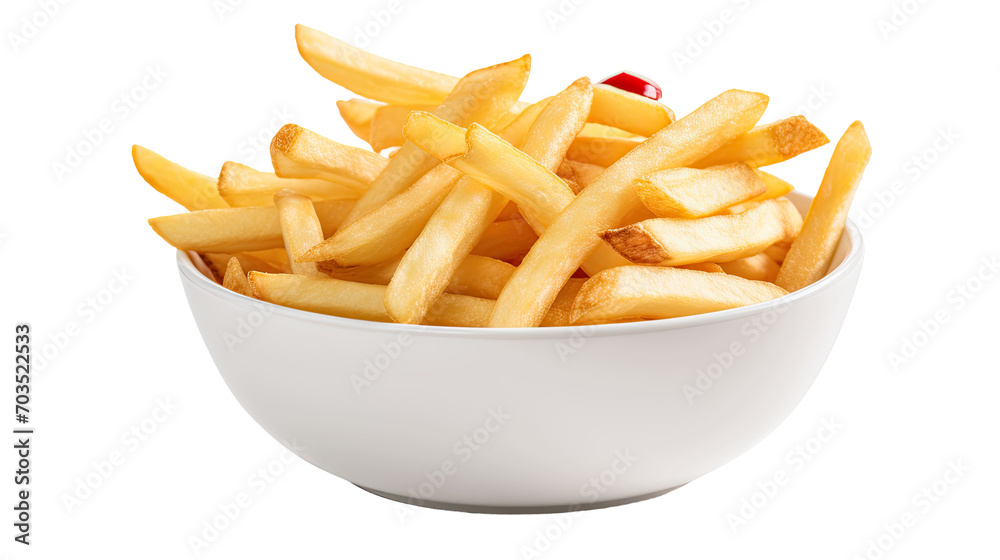 A white bowl filled with delicious french fries, fast food, white background A white bowl filled with delicious french fries, fast food, white background