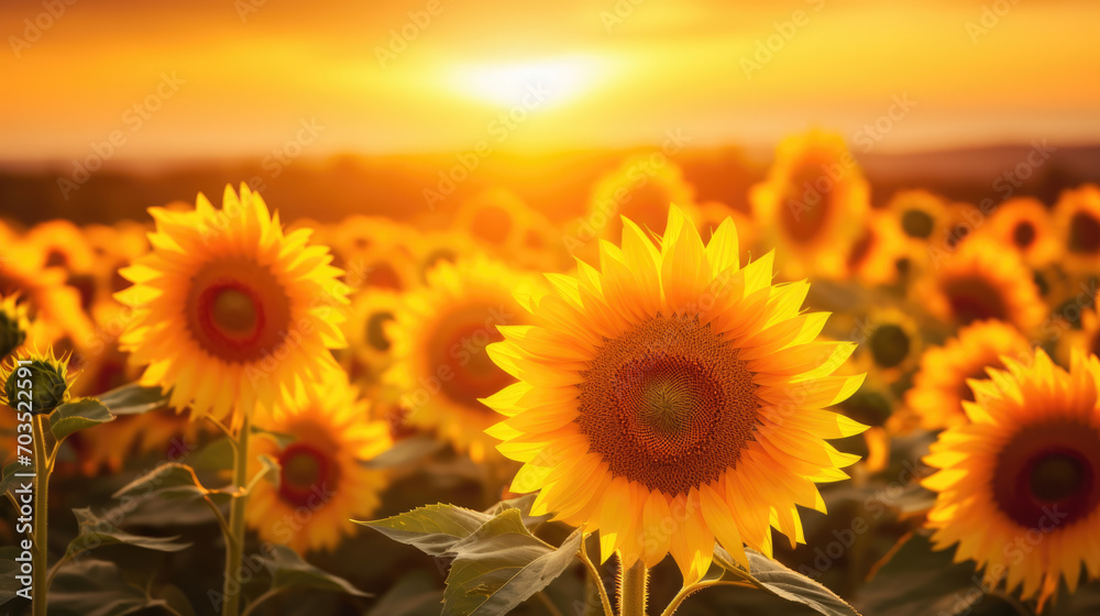 Fototapeta premium Wide field of sunflowers in summer sunset, panorama blur background. Autumn or summer sunflowers background. Shallow depth of field.