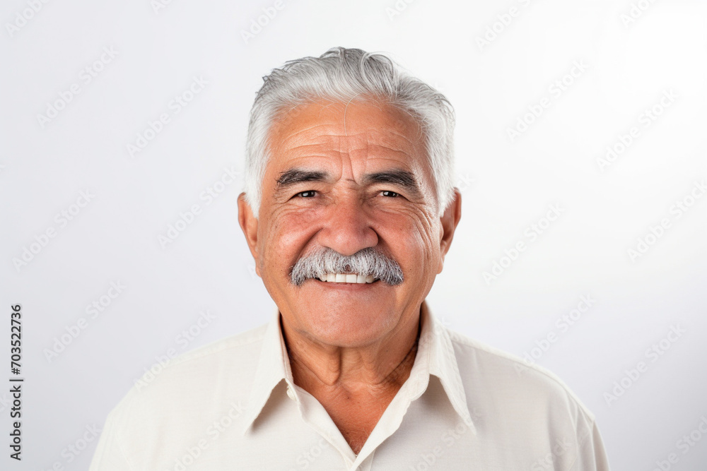 Nice gentleman with mustache smiling on white background. Generative AI. Nice gentleman with mustache smiling on white background. Generative AI.