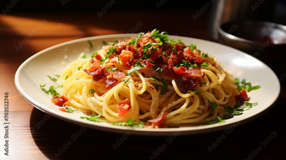 A plate of spaghetti with bacon and greens