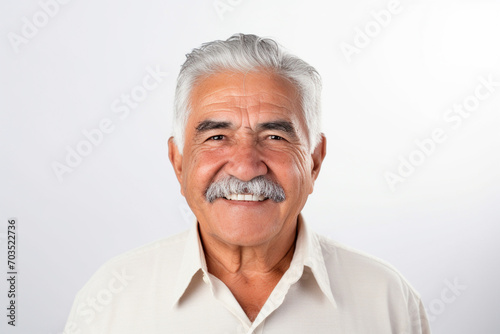Nice gentleman with mustache smiling on white background. Generative AI.