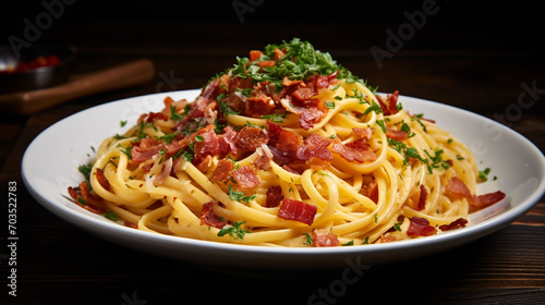 A plate of spaghetti with bacon and greens