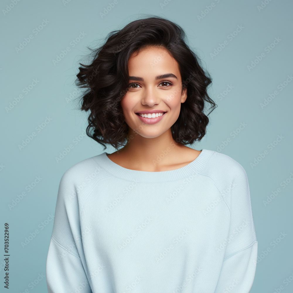 Pretty charming young woman dressed blue sweater smiling isolated blue background. Generative AI. Pretty charming young woman dressed blue sweater smiling isolated blue background. Generative AI.