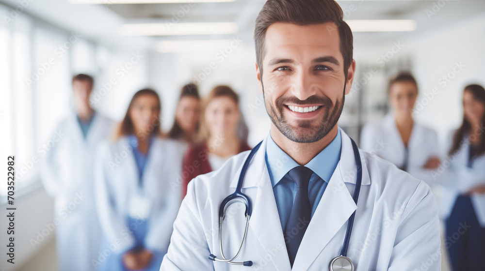 Young doctor laughing and looking into the camera, stethoscope around his neck and colleagues blurred in the background. portrait of a smiling doctor Young doctor laughing and looking into the camera, stethoscope around his neck and colleagues blurred in the background. portrait of a smiling doctor