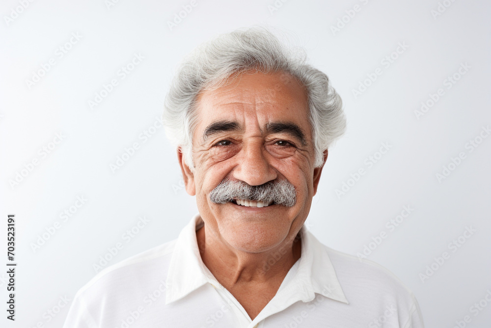Studio portrait of an elderly senior man with grey mustache on white background. Generative AI. Studio portrait of an elderly senior man with grey mustache on white background. Generative AI.