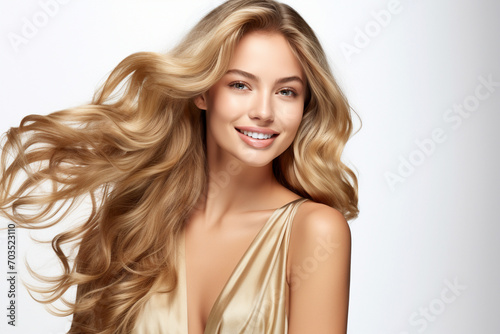 Beautiful young model with shiny wavy blonde hair posing on pastel background.Generative AI.