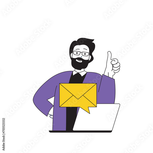 Contact us concept with cartoon people in flat design for web. Man answering client letter, giving information to customers in emails. Vector illustration for social media banner, marketing material.