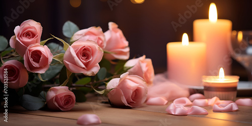 A scene of a beautifully set romantic dinner table with candles roses background for valentine day concept   