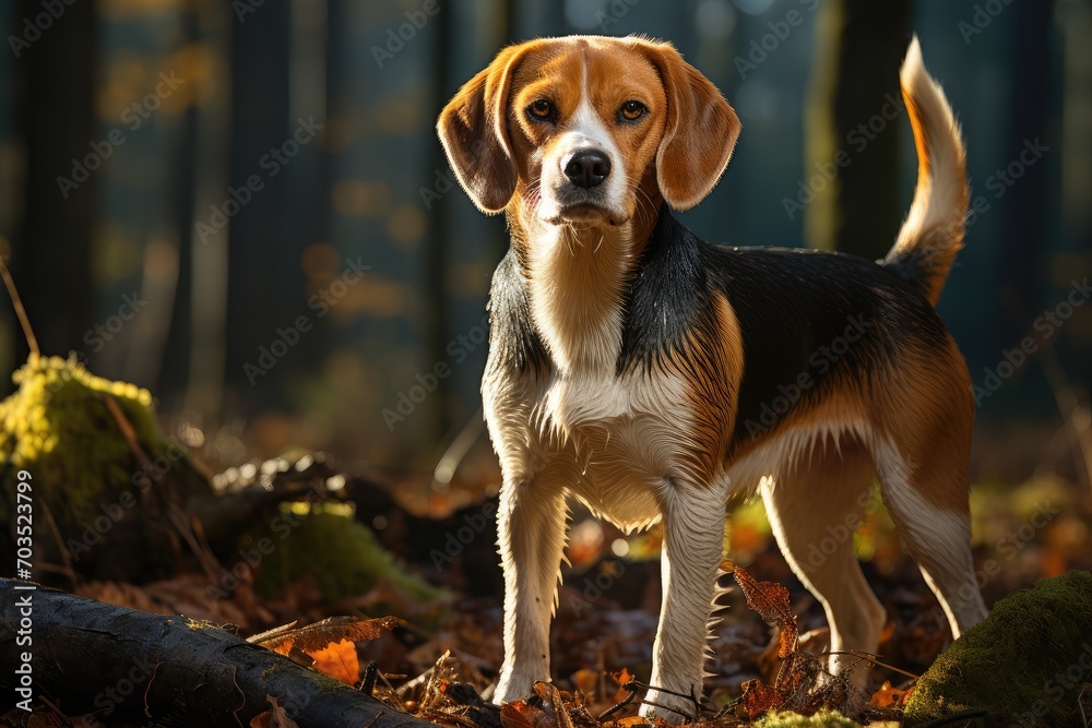 A young beagle dog in a park or forest against the background of green grass in summer