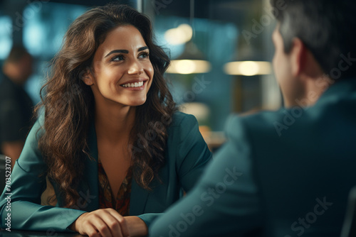 Cheerful young businesswoman smiling during meeting with client in a cafe. Generative AI.