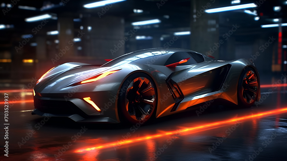 Black sport futuristic car driving in the night