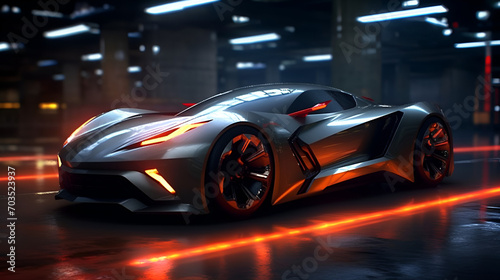 Black sport futuristic car driving in the night