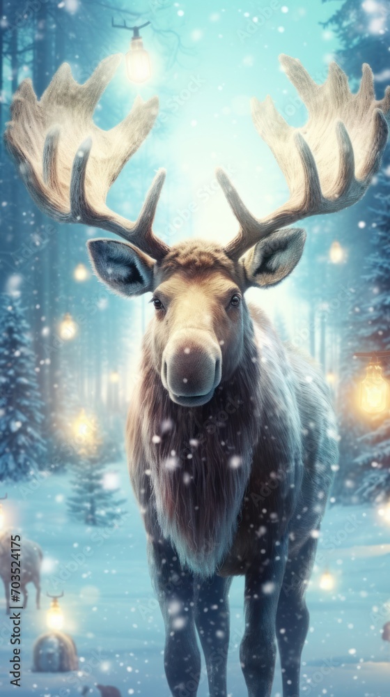 Fototapeta premium Cute funny watercolor Christmas moose in a winter scene