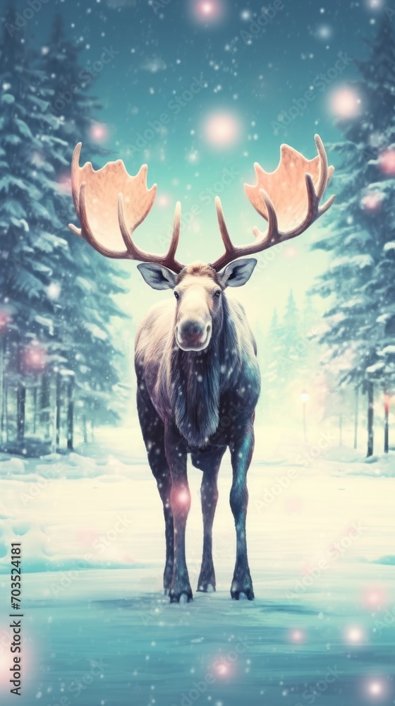 Cute funny watercolor Christmas moose in a winter scene Cute funny watercolor Christmas moose in a winter scene