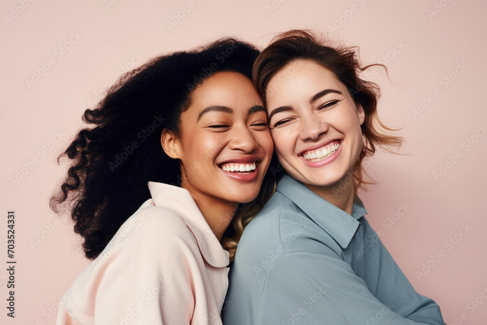 Cheerful multiethnic women embrace each other affectionately on pastel background. Generative AI. Cheerful multiethnic women embrace each other affectionately on pastel background. Generative AI.