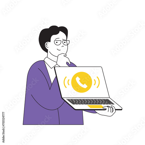 Contact us concept with cartoon people in flat design for web. Man answering client call by video conference and giving consultation. Vector illustration for social media banner, marketing material.