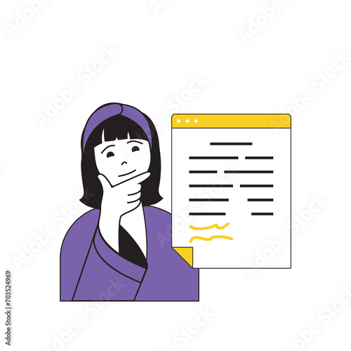 Contact us concept with cartoon people in flat design for web. Woman answering business letter from client and giving information. Vector illustration for social media banner, marketing material.