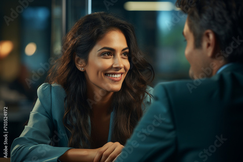 Cheerful young businesswoman smiling during meeting with client in a cafe. Generative AI.