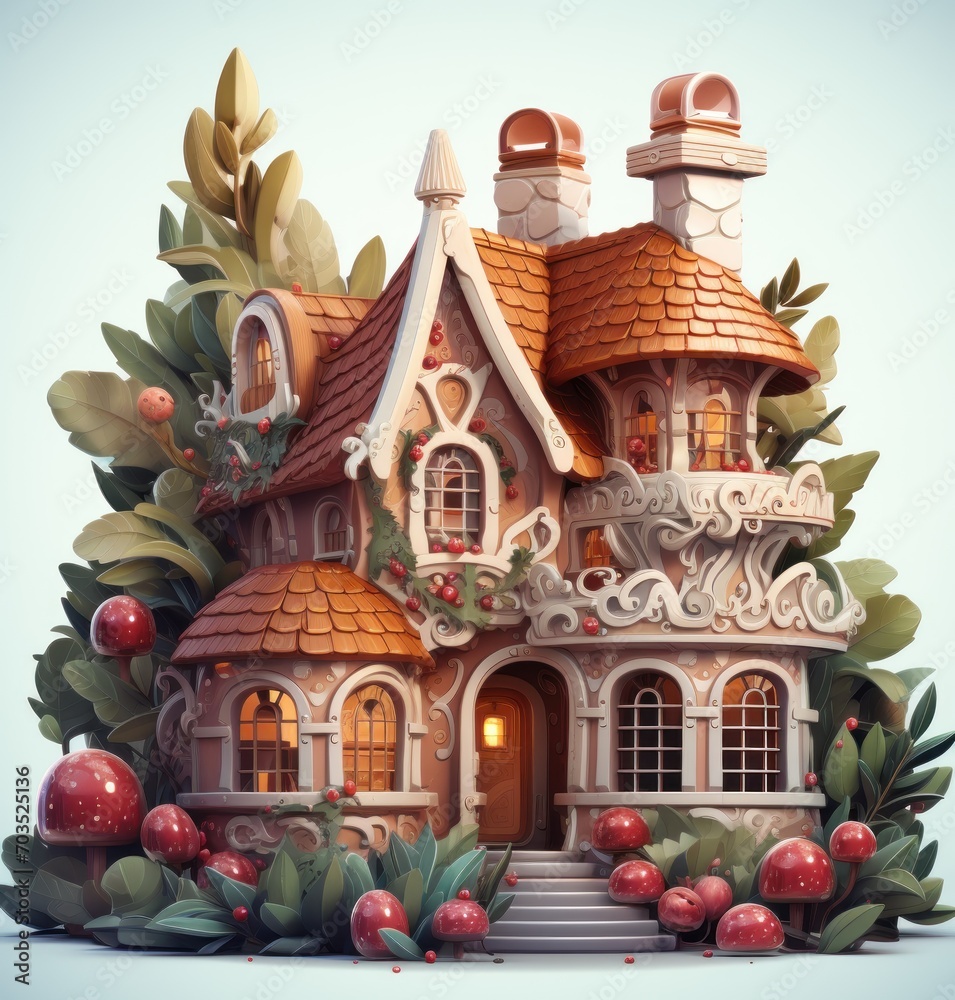 Obraz premium Gingerbread Christmas gingerman gingerbread cottage with greenery on top