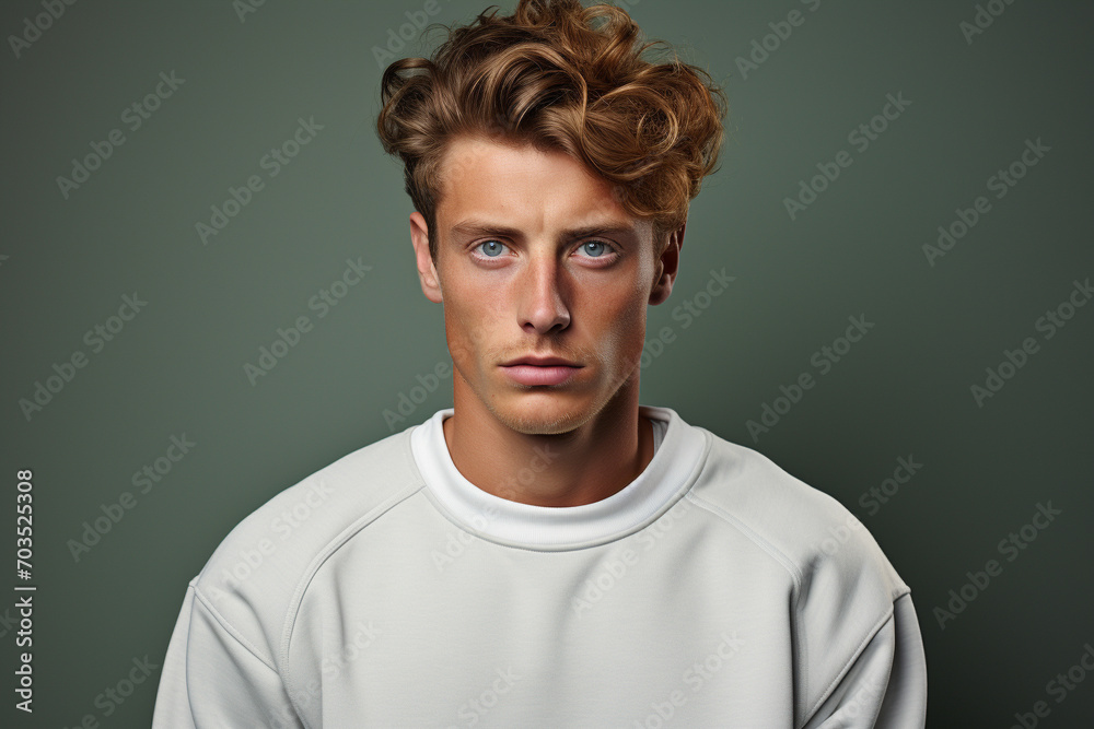 Fototapeta premium Close up portrait of attractive serious young man standing on dark background. Generative AI.