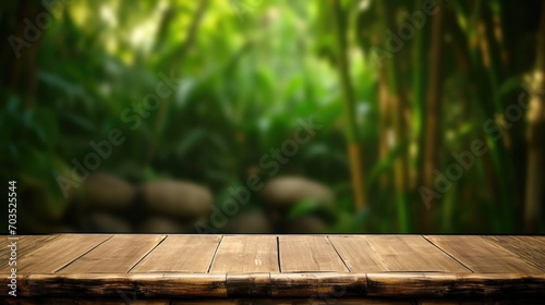 Empty Old Bamboo Table with Blurred Garden Theme in Background, Perfect for Product Display.