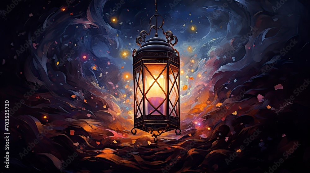 Modern Acrylic painting, one lantern, stars, Foxglove, dark tones, whimsical atmosphere, intricately detailed art, with generative ai