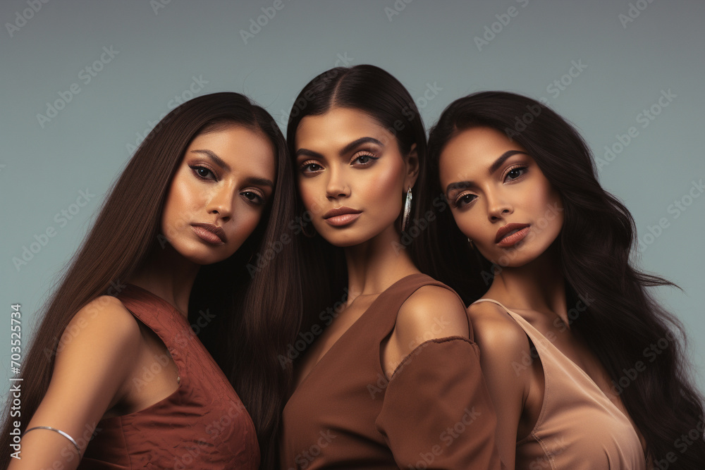 Three attractive young women looking at camera standing on grey background. Generative AI. Three attractive young women looking at camera standing on grey background. Generative AI.