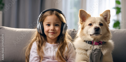 little girl in headphones with a dog in the room cute