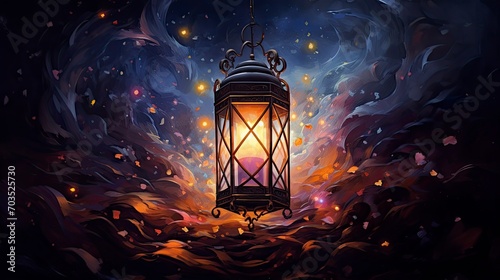 Modern Acrylic painting, one lantern, stars, Foxglove, dark tones, whimsical atmosphere, intricately detailed art, with generative ai © ImronDesign