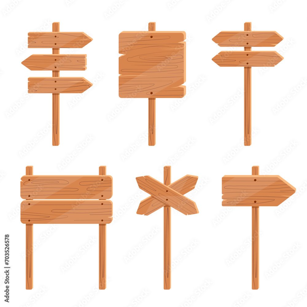 Set of wooden sign posts isolated on white background. Realistic blank