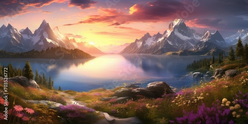 Panorama of a mountain landscape during sunset with a lake and flowers in the foreground