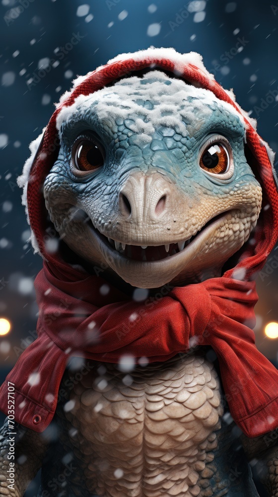 Fototapeta premium Christmas dinosaur in winter background