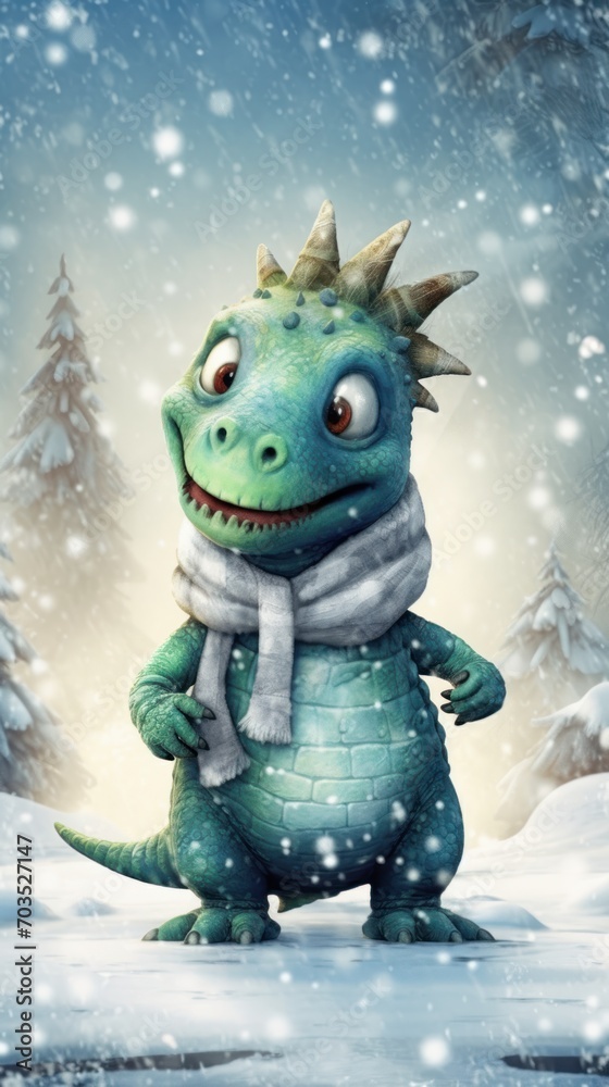 Christmas dinosaur in winter background Christmas dinosaur in winter background