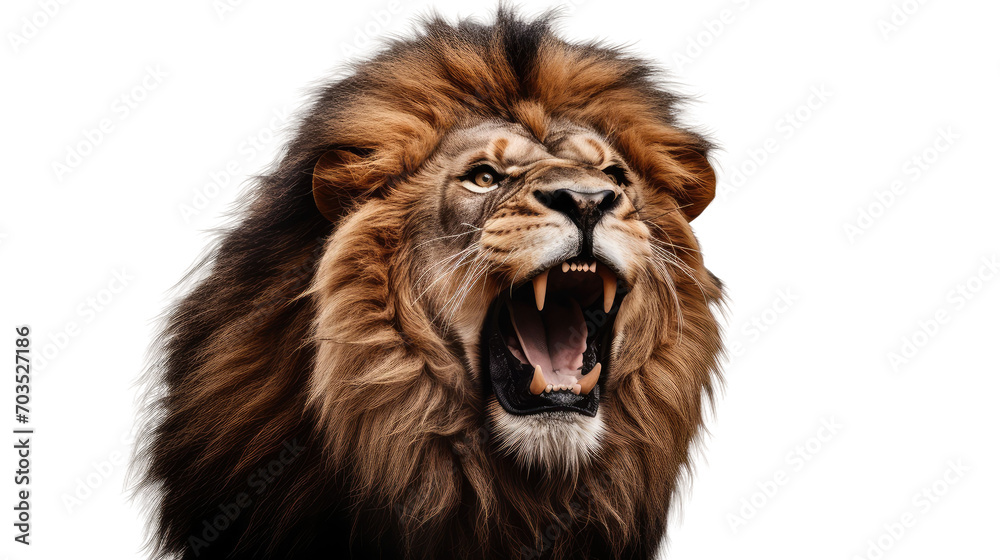 Portrait of a roaring lion with an aggressive look, isolated a transparent background