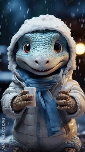 Christmas dinosaur in winter background